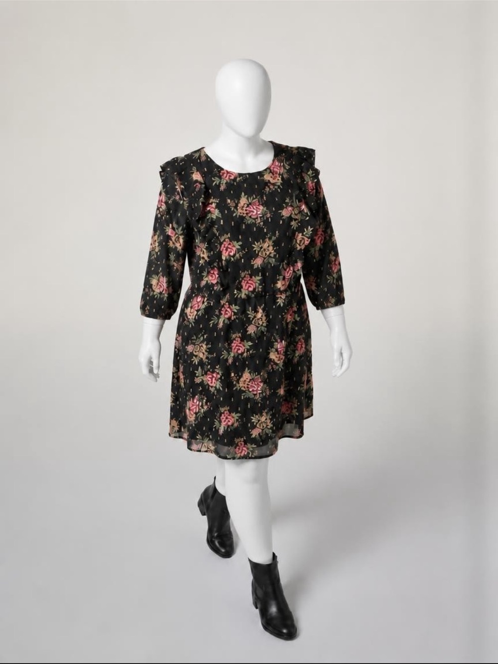 As U Wish Black Floral Ruffle-Shoulder Dress